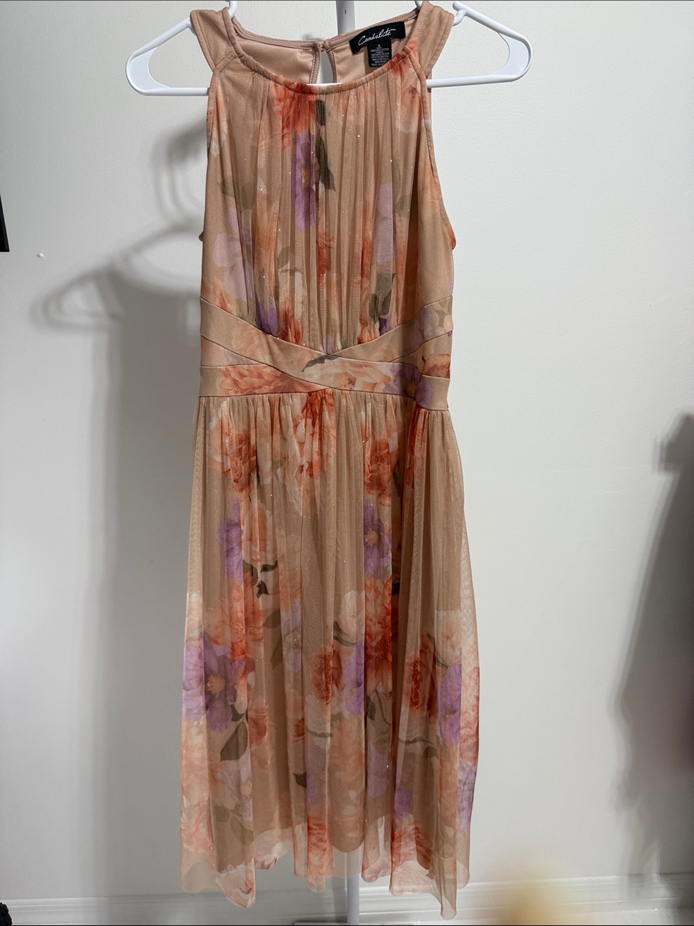 Calvin Klein Peach Floral Halter Midi Dress with Lavender Accents
